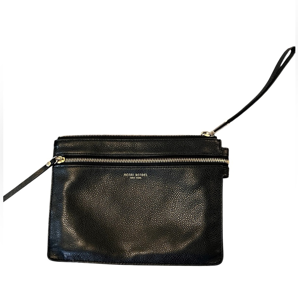 Henri Bendel Black Leather Clutch wristlet hardware 2 pockets